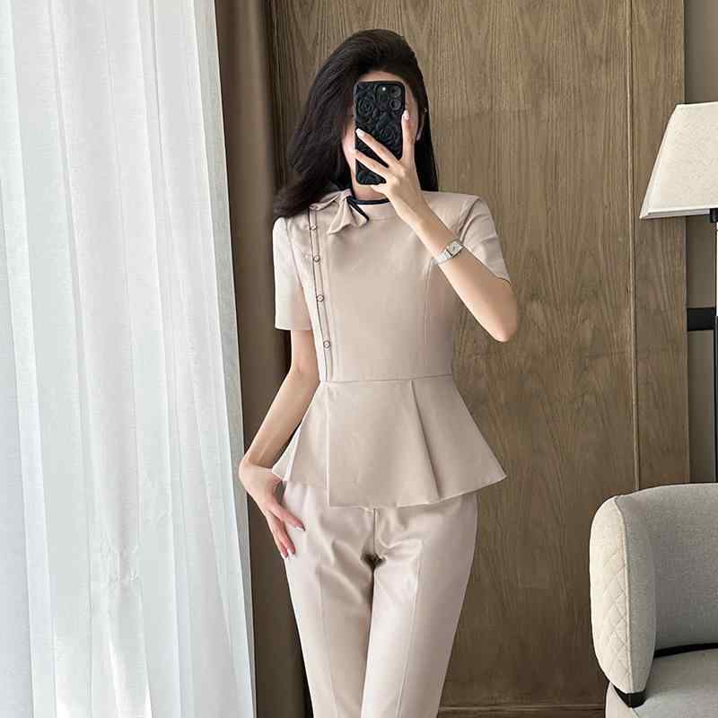 Suits For Job Interviews - セットアップ レディース スーツ 半袖 春夏 テーラードジャケット パンツ スカート 事務服 通勤 オフィス 美容院 ユニフォーム スリム 細見え 薄手 無地 ボタン ネイビー ベージュ ブラック 高級感 きれいめ