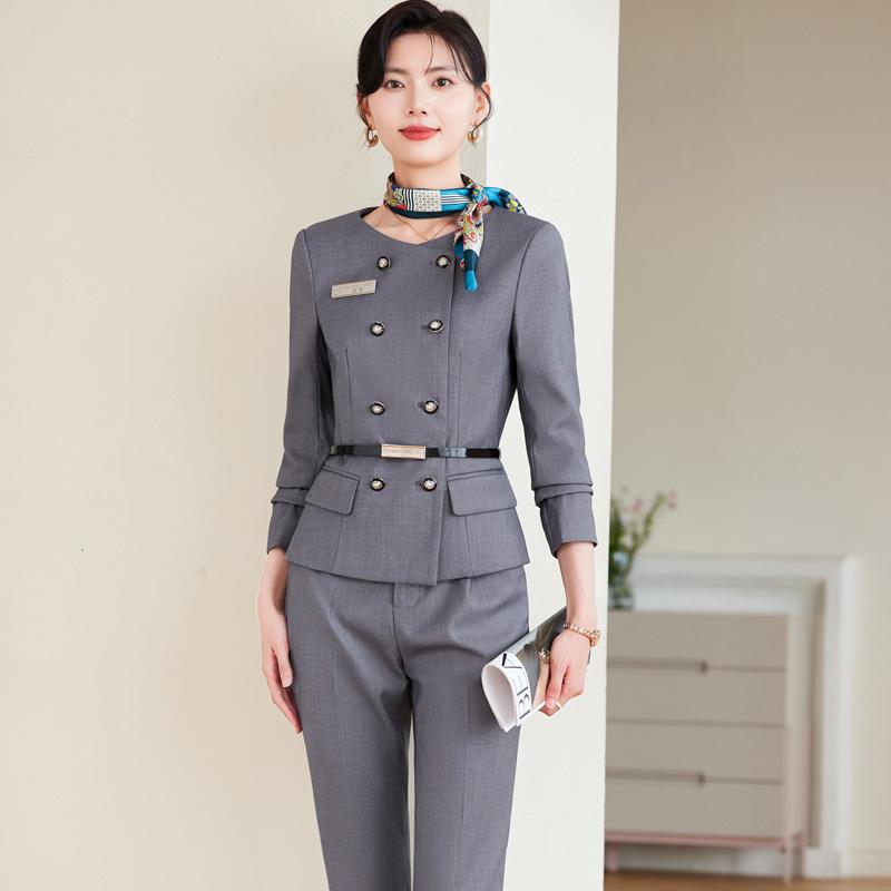 スーツ レディース セットアップ 3点セット 上下セット ジャケット パンツ スカート 春秋 事務服 制服 ホテル フロント ロビーマネージャー ポリエステル 上品 エレガント 高級感 グレー レッド ブルー 長袖 無地 フォーマル