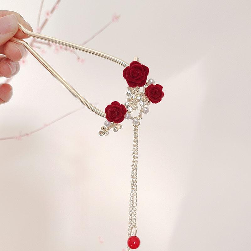 かんざし レディース ヘアアクセサリー U字型 薔薇 ローズ タッセル 一本挿し まとめ髪 お団子 モダン 中華風 レトロ アンティーク調 高級感 ハンドメイド 普段使い 成人式 結婚式 和装 浴衣 秋冬