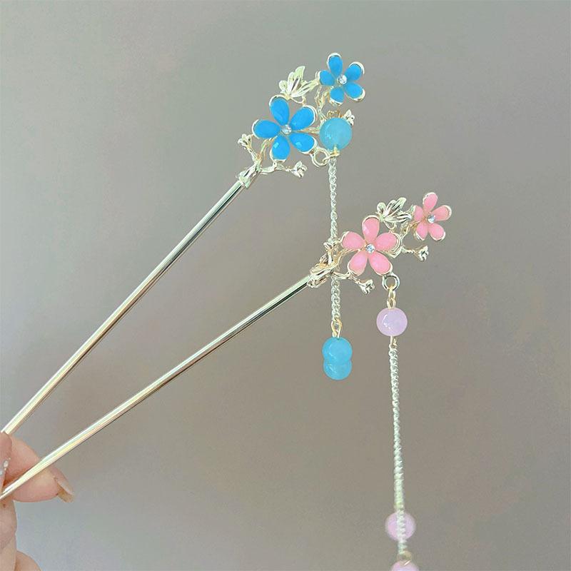 Ornamental Hairpin - かんざし レディース 簪 一本挿し ヘアピン 髪飾り 花モチーフ タッセル 揺れる 高級感 レトロ ヴィンテージ風 古風 電気メッキ加工 合金 華奢 細め まとめ髪 ヘアアレンジ 結婚式 披露宴 お呼ばれ ブルー ピンク 春夏