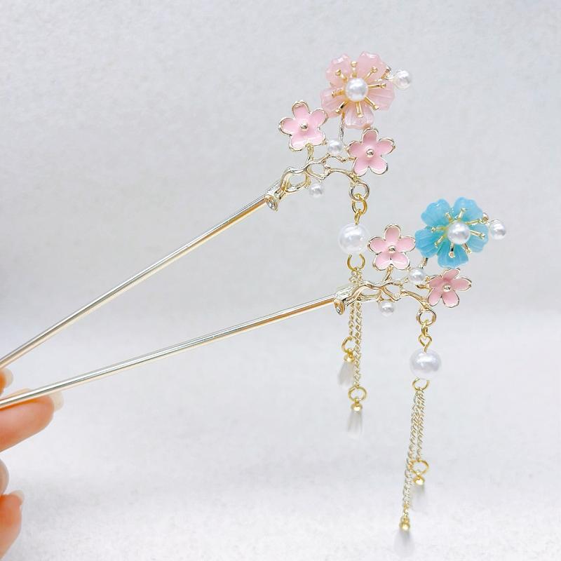 ・カテゴリ: ヘアアクセサリー・スタイル: 古風・素材: 合金・: 花・加工: メッキ・カラー展開: ピンク、ブルー