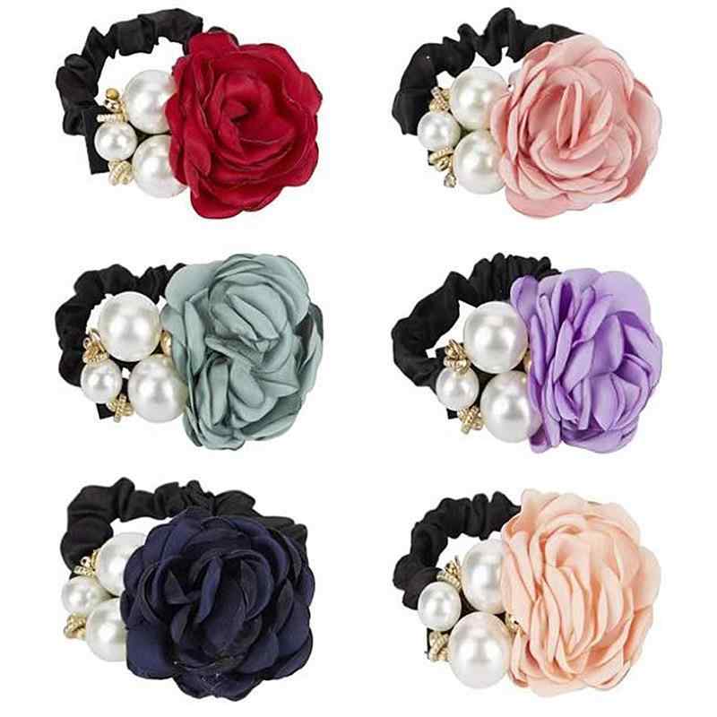 Rakuten - ヘアゴム レディース 薔薇 バラ 花 フラワー 大粒パール 髪飾り 伸縮性 高弾力 ポニーテール お団子 かわいい シンプル 布製 ハンドメイド 6点セット 秋冬 フェミニン デイリー 普段使い エレガント 上品 清楚