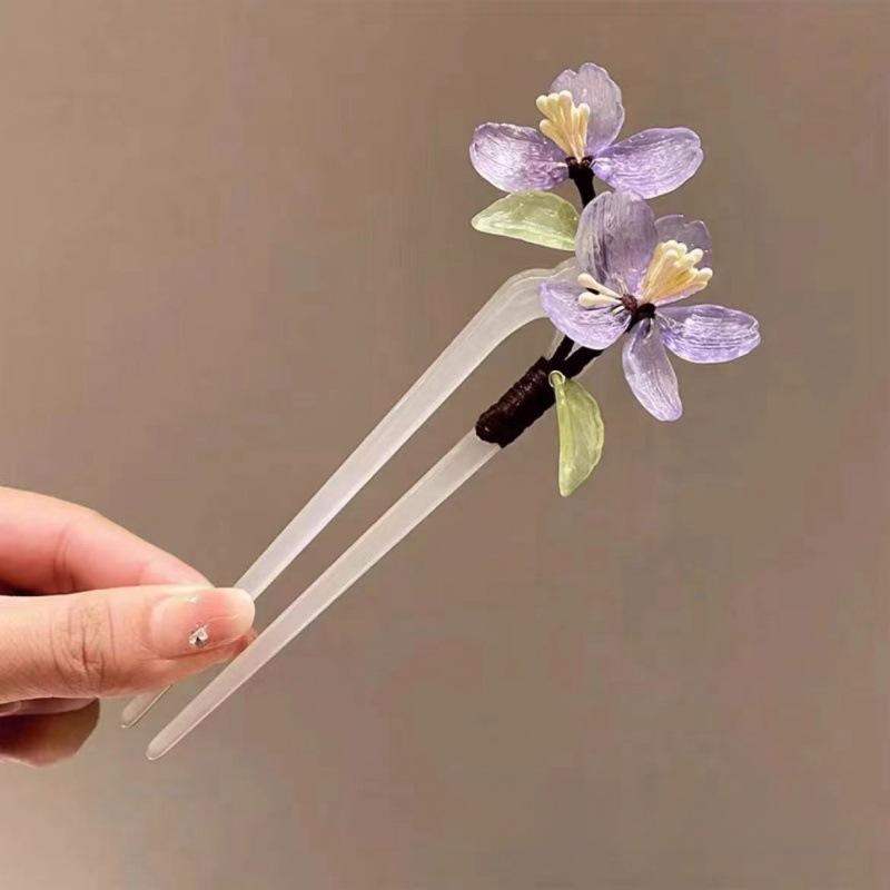 Ornamental Hairpin - 簪 かんざし レディース ヘアアクセサリー 桃の花 モチーフ フラワー 中華風 チャイナ 樹脂製 高級感 上品 エレガント フェアリー 幻想的 ユニーク かわいい アップスタイル 春 お出かけ ピンク パープル グリーン