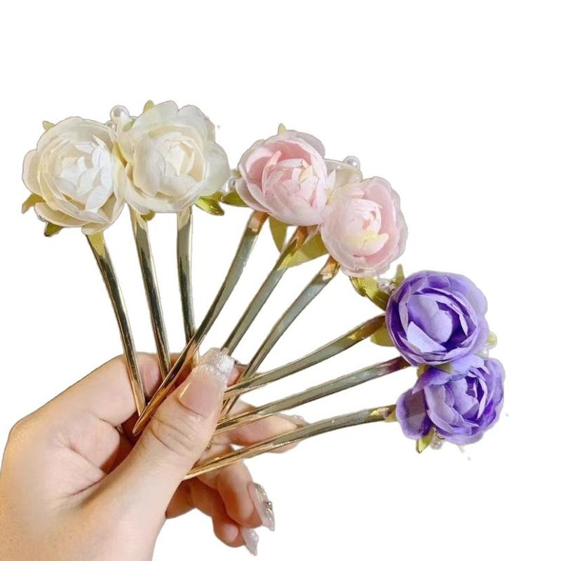 かんざし レディース 中華風 レトロ 牡丹 ぼたん 花 フラワー モチーフ ビーズ 電気メッキ加工 三本足 まとめ髪 ヘアアクセサリー ヘアアレンジ エレガント 上品 かわいい 華やか フェミニン 秋冬 結婚式 合金 ピンク アプリコット パープル 髪飾