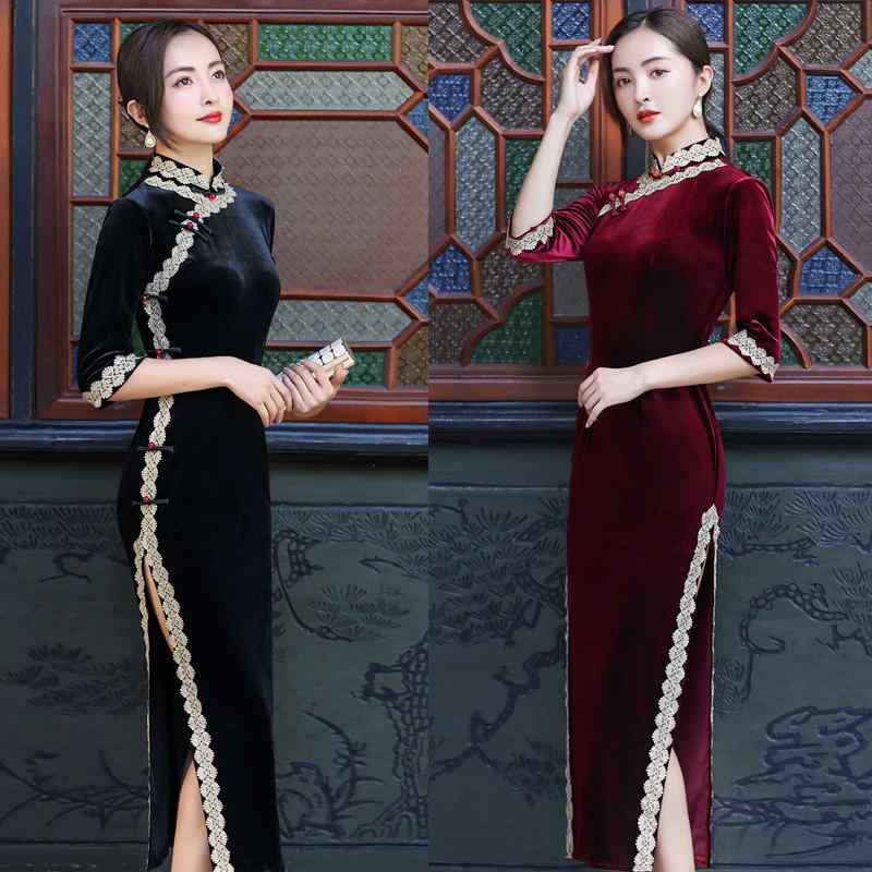 ・素材: 金糸ベルベット、ポリエステル・主素材含有率: 80%・着丈: ロング・襟の: スタンドカラー・袖丈: 七分袖・スリット: ハイスリット・特徴: 配色・カラー展開: レッド、ブラック、グリーン・サイズ展開: M、L、XL、XXL、XXXL、XXXXL・スタイル: レトロ風・性別: レディース・袖の: レギュラースリーブ
