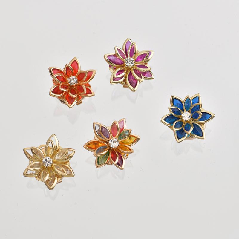 Button - カフスボタン レディース 蓮 ロータス 花モチーフ フラワー レトロ ヴィンテージ風 高級感 華やか きれいめ スーツ シャツ スカーフ留め ラインストーン ビジュー クリスタル ピーコックブルー エンジ シャンパン