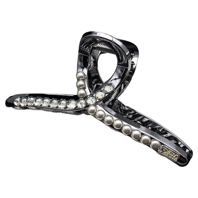 バンスクリップ レディース 髪飾り ヘアピン 大きめ 大きいサイズ 高級感 ラインストーン ビジュー 布製 ファブリック シルバーグレー ハンドメイド キラキラ 通勤 オフィス 結婚式 アップスタイル 秋冬