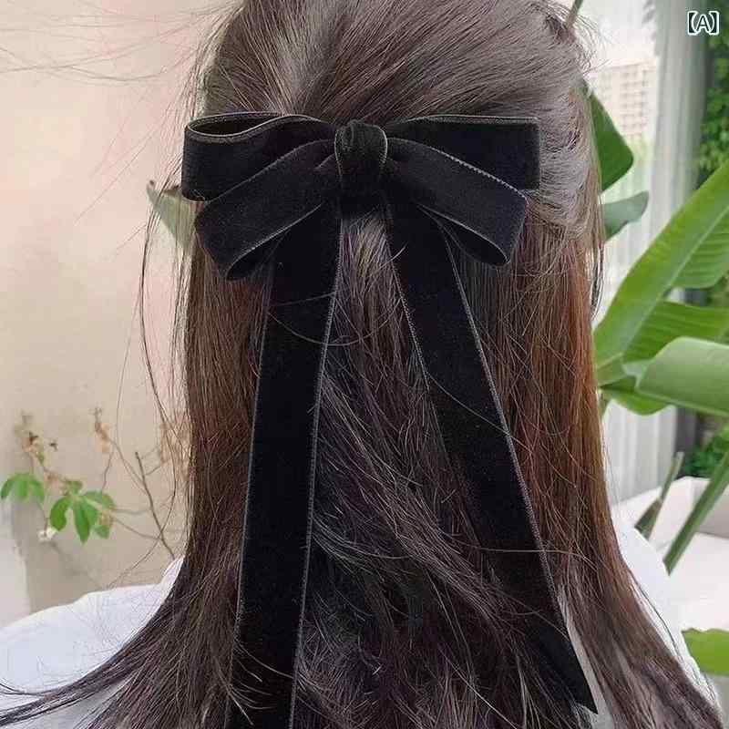 ヘアクリップ レディース ロングリボン ベロア アクセサリー 髪留め バレッタ 韓国 上品 きれいめ フェミニン かわいい 高級感 秋冬 ブラック ボルドー ハンドメイド 普段使い 結婚式 パーティー