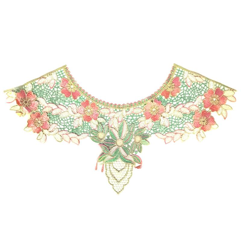 付け襟 レディース つけえり 水溶性 刺繍 ケミカルレース 花 モチーフ ワッペン 豪華 デコルテ 胸元 装飾 裁縫 手芸 資材 DIY ハンドメイド 材料 アクセサリーパーツ ポリエステル 金銀糸 ラメ 普段使い 部屋着 ドレス 40代 ピンク グリー