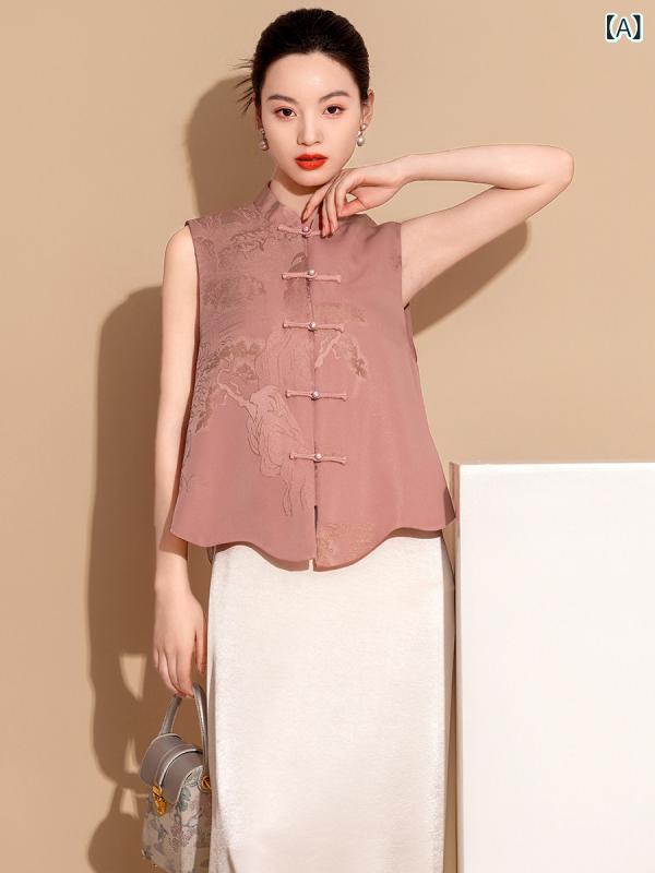ベスト レディース ジレ トップス チャイナ風 中国風 中国風 レトロ 刺繍 風景 スタンドカラー 立ち襟 ボタン 前開き ノースリーブ 高級感 上品 エレガント 薄手 軽量 春夏 お出かけ 40代 ピンク系 frontop-13341523 フロントップ楽天市場店 サンプル画像2