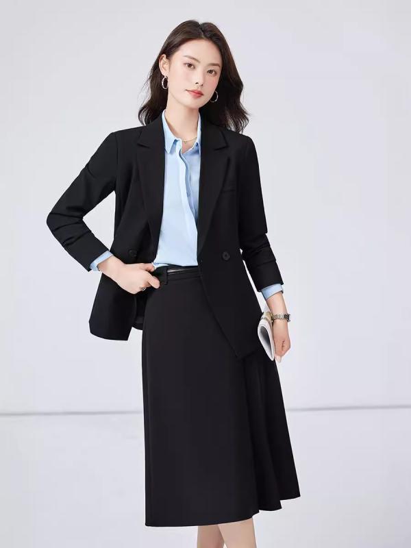 Rakuten - スーツ セットアップ レディース 女性用 秋冬 ネイビー ブラック ブルー ポリエステル 長袖 ジャケット ロングスカート ブラウス フォーマル 通勤 冠婚葬祭 事務服 上品 エレガント 高級感 きれいめ 無地 大きいサイズ