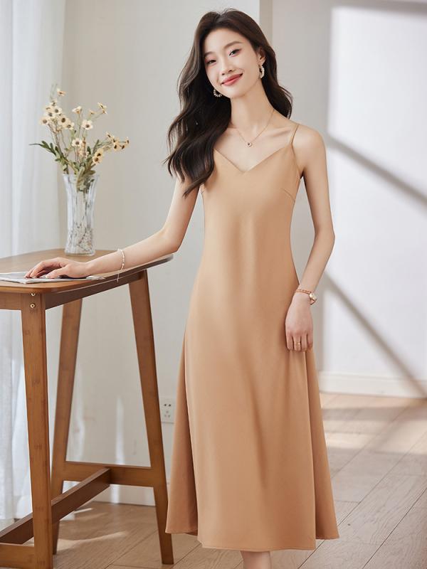 ワンピース レディース 春夏 キャミソール ドレス Vネック ロング 無地 高級感 スリム Aライン ノースリーブ カーキ ピンク グリーン 通勤 きれいめ エレガント 上品 ポリエステル お呼ばれ オフィス 形態安定