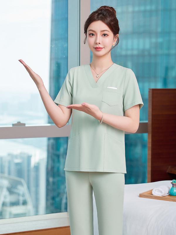 セットアップ レディース 制服 ユニフォーム 美容院 エステ クリニック 半袖 春夏 トップス パンツ スカート 薄手 通気 伸縮性 高級感 上品 きれいめ 施術着 グリーン ブルー ポリエステル スパンデックス