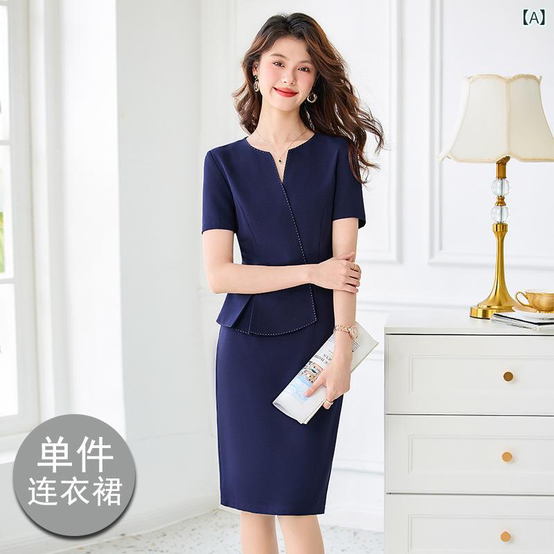 ワンピース レディース 高級感 Vネック 事務服 半袖 制服 タイト オフィス 通勤 接客 ワークウェア 切り替え 春夏 ポリエステル エレガント ブラック ロイヤルブルー 上品 フォーマル ビジネス きれいめ 膝丈 無地 着痩せ スタイルアップ