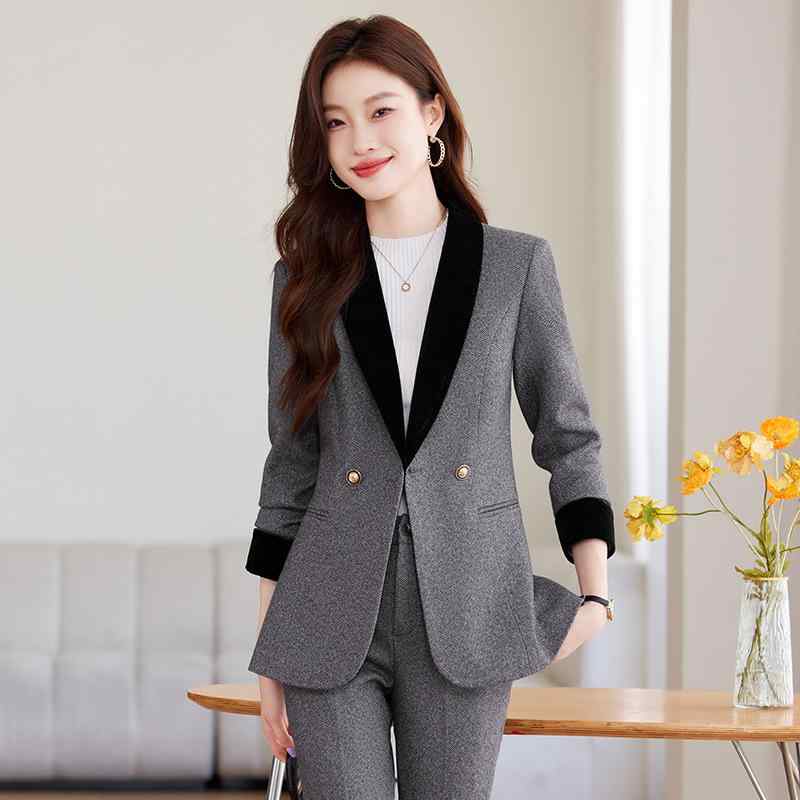 Skirt Suits - セットアップ レディース 秋冬 ジャケット パンツ 切り替え ツートーン ショールカラー 上下 きれいめ エレガント カジュアル オフィス 通勤 ビジネス ウール混 ポリエステル コーヒー グレー ロング丈 長袖 ズボン ゆったり 体型カバー 厚手