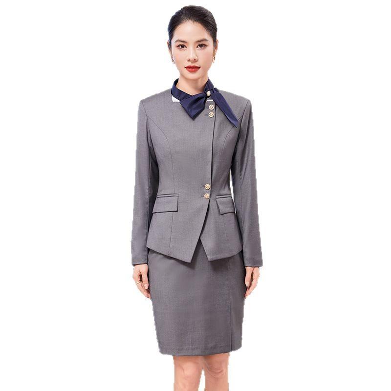 スーツ レディース セットアップ キャビンアテンダント 美容院 ホテル 制服 事務服 ワークウェア テーラードジャケット パンツ スカート 上下セット 春夏 ポリエステル 高級感 エレガント 通勤 OL オフィス グレー ネイビー