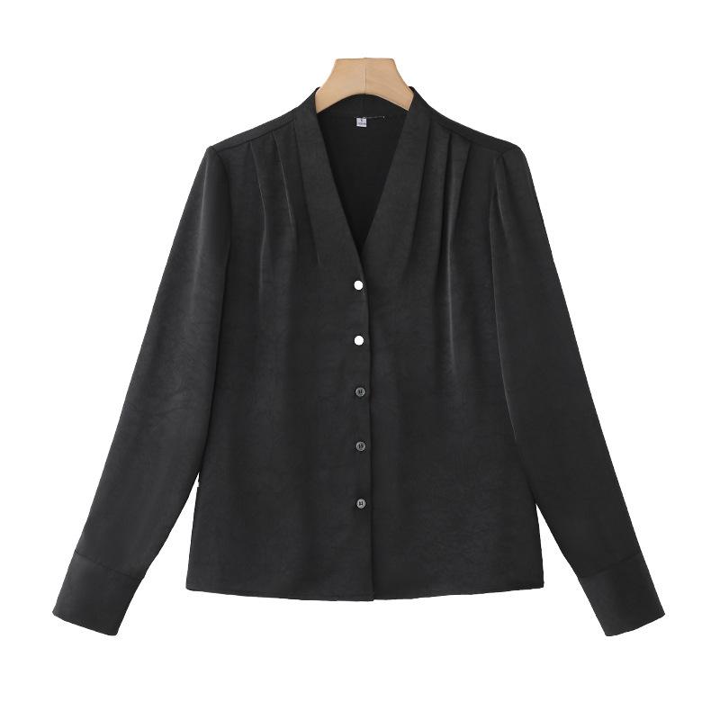 Other - ブラウス レディース 春秋 シャツ トップス Vネック 長袖 ビジネス オフィス 通勤 インナー 事務服 ボタン スーツ リクルート スリム タイト きれいめ 上品 高級感 無地 ポリエステル 白 黒 シャンパン