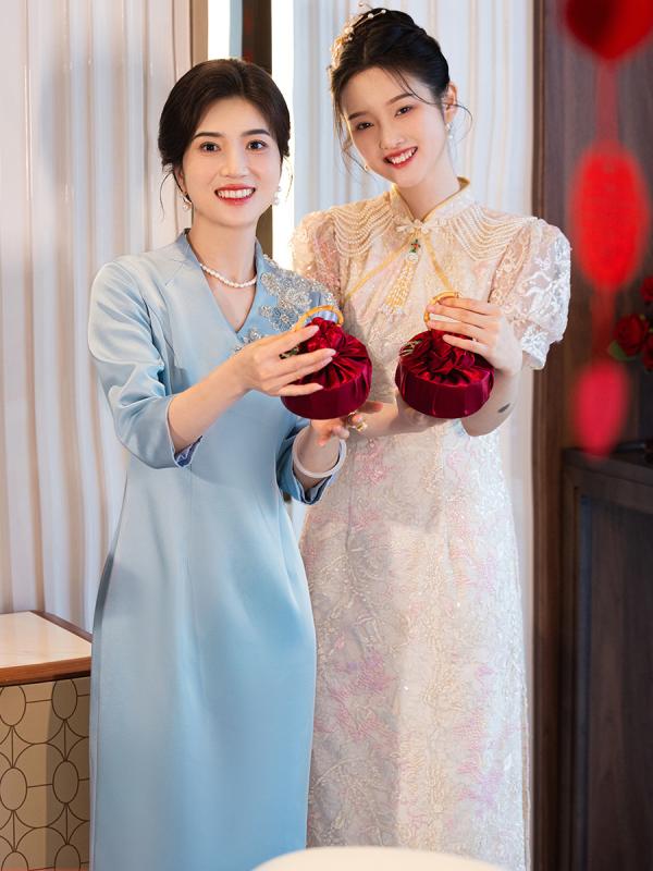 樂天商城 - チャイナドレス レディース 礼服 結婚式 母親 披露宴 秋冬 ワンピース フォーマル Vネック 膝丈 Aライン 上品 高級感 ライトブルー ウール混素材 五分袖 立体装飾 ビーズ ミセス 40代 二次会 エレガント
