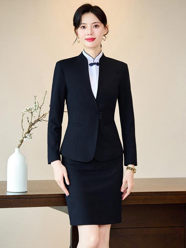 スーツ レディース セットアップ 秋冬 ホテル受付 接客 事務服 テーラードジャケット 長袖 パンツ スカート シャツ ネイビー ブラック グレー ポリエステル スパンデックス 高級感 上品 エレガント ボタン