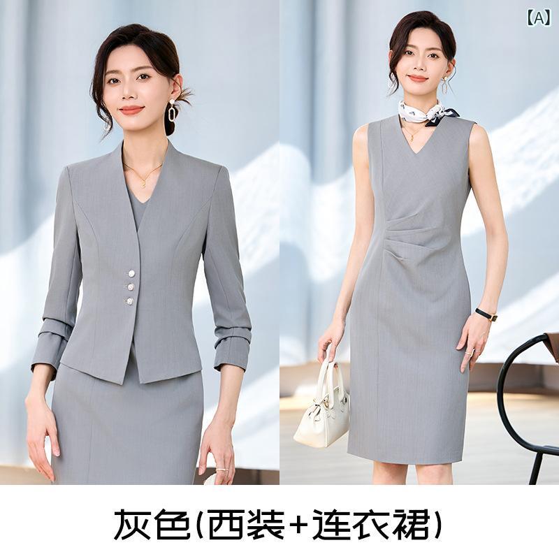 スーツ レディース 春夏 セットアップ テーラードジャケット 長袖 膝丈ワンピース ミディアム丈 通勤 事務服 接客 グレー ブラック フォーマル 上品 高級感 きれいめ ポリエステル ポリウレタン 伸縮性 frontop-13344664 フロントップ楽天市場店 サンプル画像2
