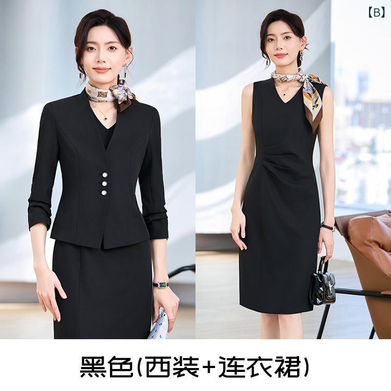 スーツ レディース 春夏 セットアップ テーラードジャケット 長袖 膝丈ワンピース ミディアム丈 通勤 事務服 接客 グレー ブラック フォーマル 上品 高級感 きれいめ ポリエステル ポリウレタン 伸縮性 frontop-13344664 フロントップ楽天市場店 サンプル画像3