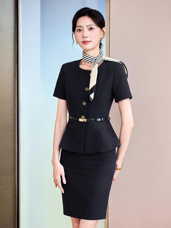 セットアップ レディース スーツ 制服 ユニフォーム 美容師 エステティシャン ホテル 受付 半袖 テーラードジャケット スカート パンツ スリム 春夏 エレガント きれいめ 高級感 通勤 オフィス フォーマル ブラック グレー ブルー
