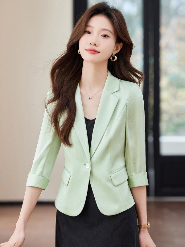 Pants Suit - セットアップ レディース テーラードジャケット 七分袖 ワンピース 春夏 薄手 ショート丈 通勤 オフィス フォーマル 細見え 膝下 ライトグリーン ホワイト ブラック 無地 小柄 大きいサイズ 涼しい ポリエステル