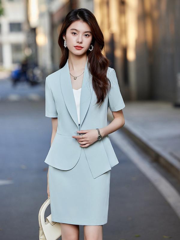 スーツ レディース セットアップ 上下セット 春夏 半袖 ジャケット スカート 2点セット 通勤 オフィス 事務服 スリム タイト 膝丈 快適 高級感 伸縮性 ポリエステル ブルー ブラック ピンク