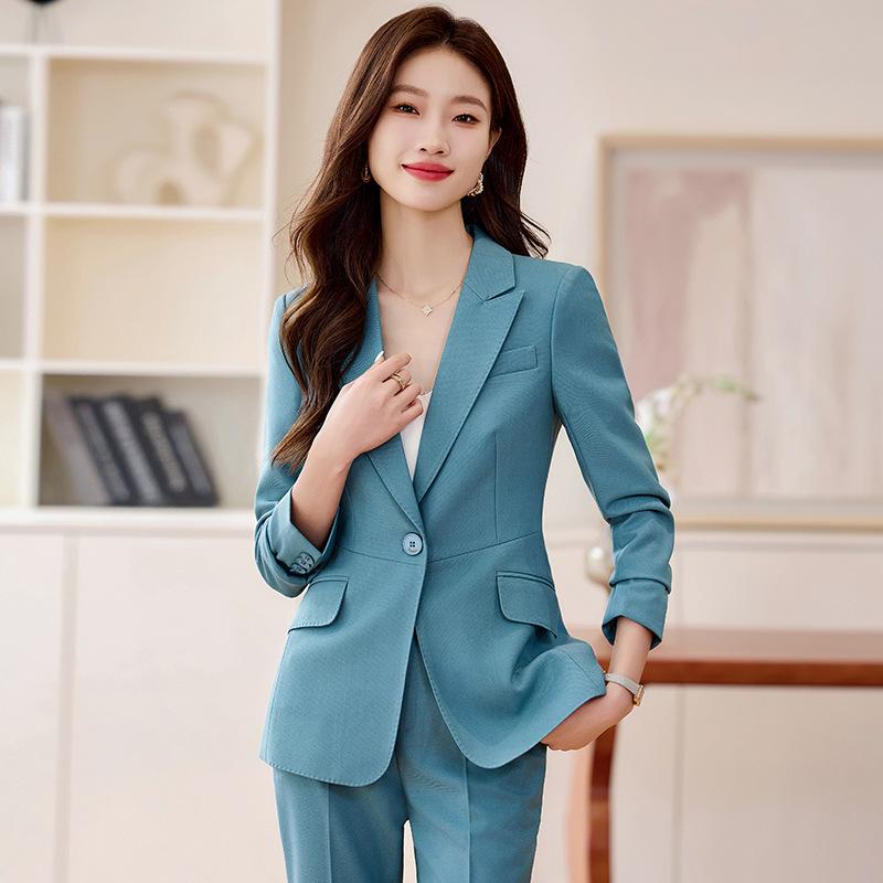 Other - セットアップ レディース パンツスーツ テーラードジャケット ロングパンツ 上下セット 通勤 事務服 ホテル 秋冬 長袖 高級感 上品 エレガント きれいめ 仕事着 ブルー ブラック レッド ポリエステル レーヨン 40代 無地 フォーマル ボタン