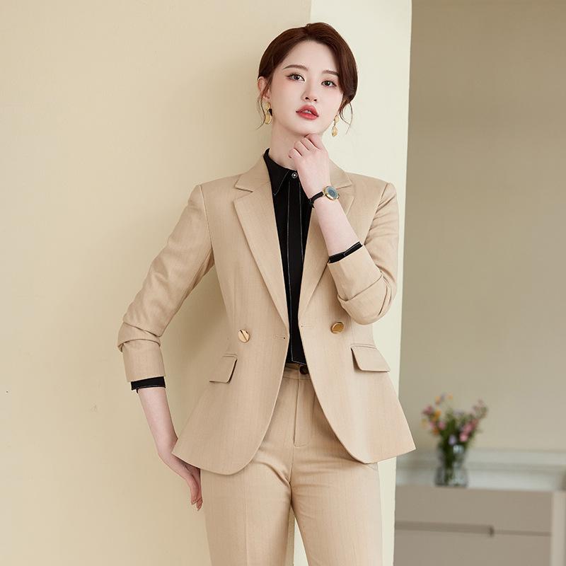Outerwear - セットアップ レディース スーツ 秋冬 テーラードジャケット パンツスーツ フォーマル 高級感 上品 オフィス 通勤 事務服 制服 ホテル マネージャー ユニフォーム ビジネス ブラック アプリコット ブルー ポリエステル 長袖 ロングパンツ