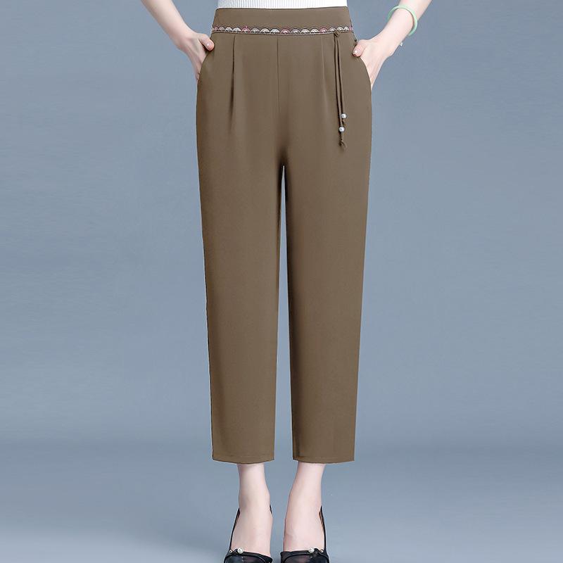 テーパードパンツ レディース 中高年 ズボン ボトムス ハーレムパンツ スラックス 九分丈 アンクル丈 ハイウエスト 細見え 着痩せ ゆったり 体型カバー 春夏 通勤 お出かけ 普段使い 上品 エレガント 高級感 ブラック カーキ アプリコット