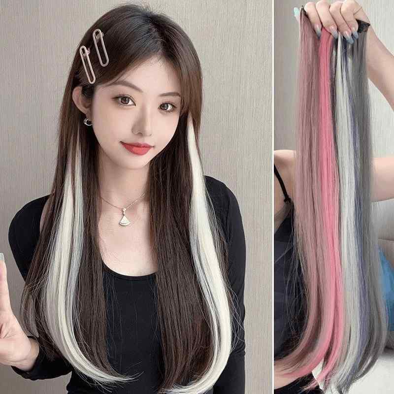 エクステ レディース ロング ストレート 襟足ウィッグ インナーカラー ワンタッチ クリップ式 高温耐熱ファイバー 自然 ポイント 部分 つけ毛 スモーキーブルー ペンシルグレー ホワイトティーアッシュ 普段使い