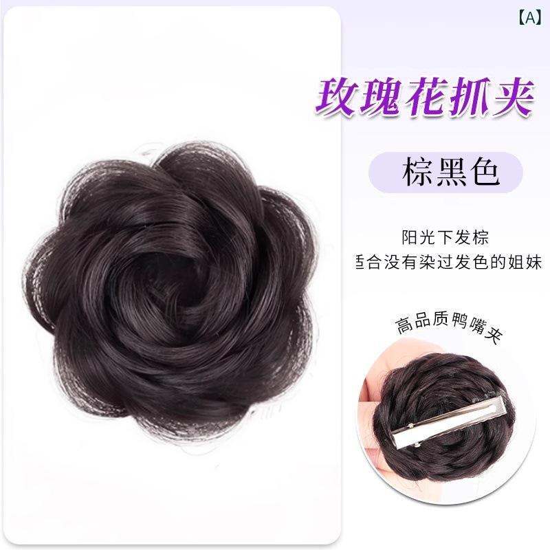 フロントップ楽天市場店のお団子ウィッグ メンズ レディース つけ毛 ポイント エクステ シュシュ ヘアピース シニヨン 髪飾り ローズ 編み込み 韓国 耐熱ファイバー 自然 こなれ感 かわいい ブラウンブラック アッシュ 普段使い 結婚式｜アングル2