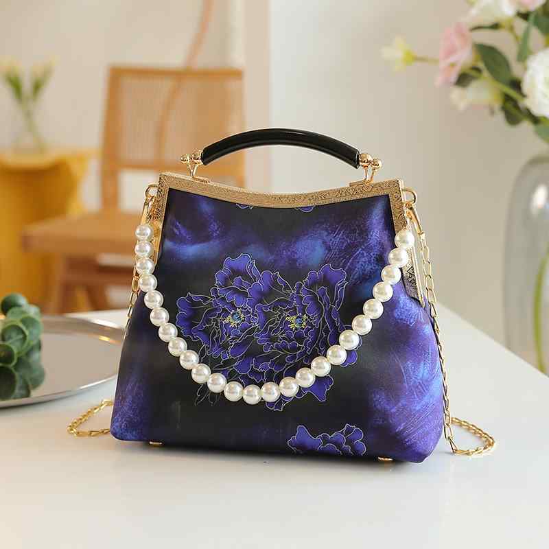 ハンドバッグ レディース がま口 かばん 手提げ 中国風 クラシック チャイナドレス用 レトロ パーティー 結婚式 お呼ばれ パールチェーン 花柄 牡丹 スクエア型 縦長 小さめ コンパクト ポリエステル 春夏 ホワイト