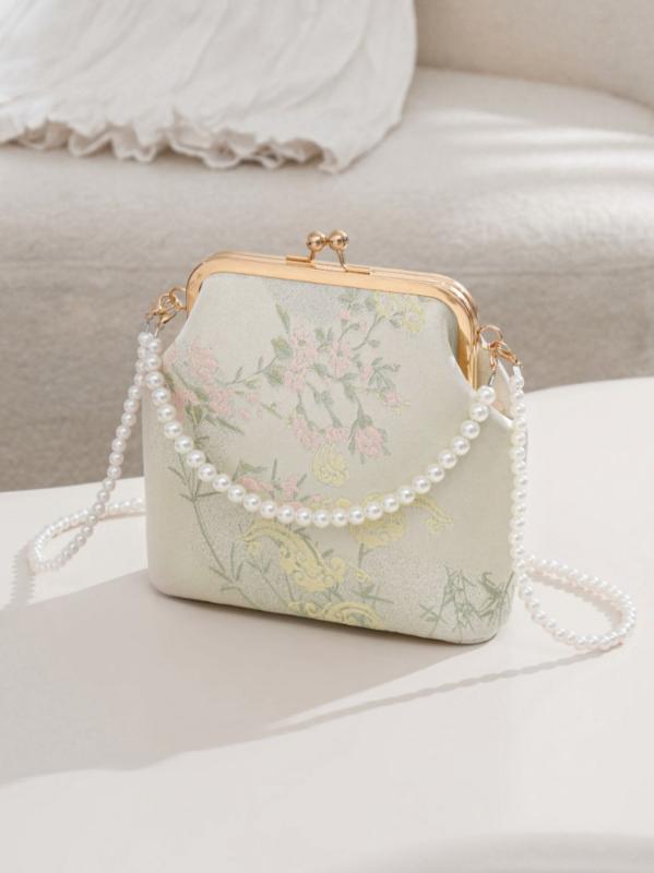 VANESSA BRUNO - ショルダーバッグ レディース 鞄 手提げ 斜めがけ お財布ポシェット チャイナ風 刺繍 花柄 シェル型 ポーチ スマホ収納 コンパクト ポリエステル 高級感 ロック金具 レトロ モダン シノワズリ 普段使い デイリー 春夏 ファッション