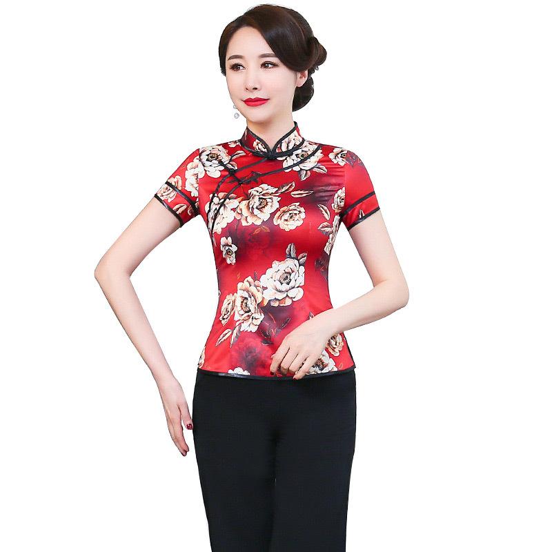 T-Shirts - チャイナドレス レディース トップス 半袖 唐装 上下セット ワイドパンツ スカート 春夏 40代 母親 結婚式 パーティー スタンドカラー 民族衣装 華やか 高級感 レトロ 花柄 調 ポリエステル エレガント