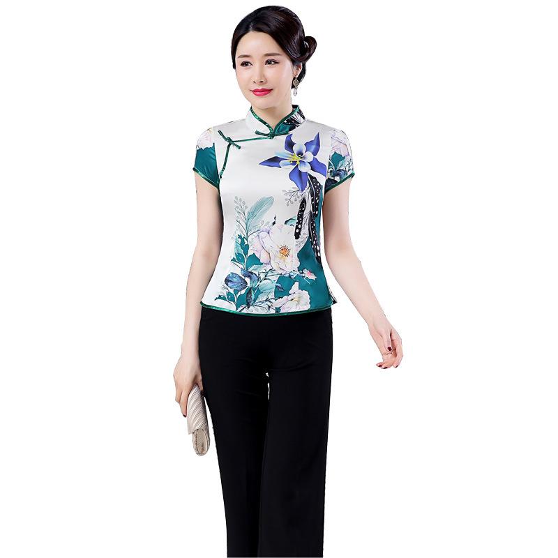 Three-Quarter - セットアップ レディース チャイナドレス チャイナ服 中高年 民族風 春夏 レトロ ファッション 大きいサイズ トップス 2点セット 上下セット 半袖 立ち襟 斜め襟 ポリエステル 香雲紗風 ワイドパンツ ストレートパンツ 緑 赤 カジュアル 普段使い