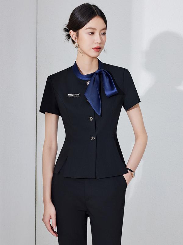 セットアップ レディース 春夏 半袖 ジャケット ロングパンツ スカート 事務服 受付 美容院 ネイビー ダークグレー ブラック ポリエステル 高級感 上品 エレガント 大きいサイズ スーツ 伸縮性 ストレッチ