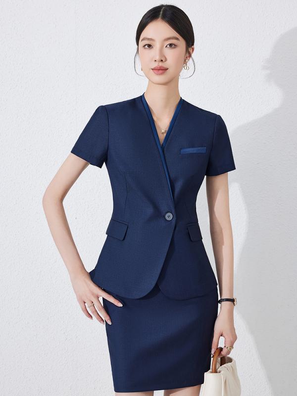 セットアップ レディース スーツ 半袖 春夏 ノーカラー ジャケット 事務服 制服 受付 ホテル 宝飾店 パンツ スカート ストレッチ ポリエステル ダークブルー ダークグレー ブラック 上品 高級感
