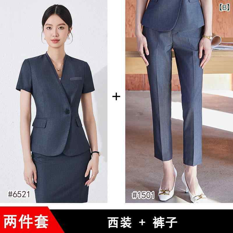 セットアップ レディース スーツ 半袖 春夏 ノーカラー ジャケット 事務服 制服 受付 ホテル 宝飾店 パンツ スカート ストレッチ ポリエステル ダークブルー ダークグレー ブラック 上品 高級感 3