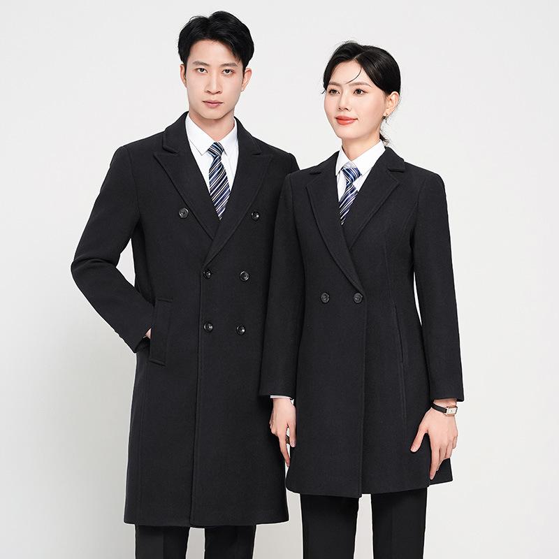 Rakuten - コート メンズ レディース 秋冬 ホテル 受付 オフィス ユニフォーム 制服 テーラード ロング丈 厚手 無地 スリム 暖かい 防寒 上着 アウター ダブル ボタン グレー ブラック ネイビー ポリエステル ウール調 高級感 ラペル