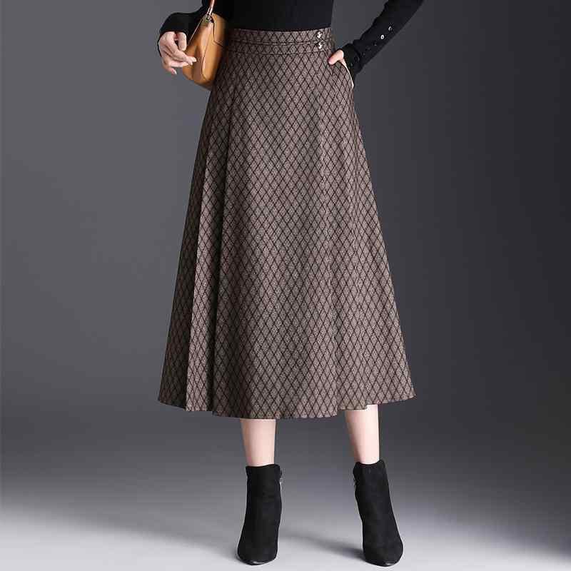 スカート レディース Aライン チェック柄 格子 ミモレ丈 ロング 秋冬 ハイウエスト 通勤 オフィスカジュアル 普段使い きれいめ 上品 エレガント 切り替え フレア プリーツ 体型カバー ゆったり ボトムス ポリエステル素材 ブラック コーヒー ブラ