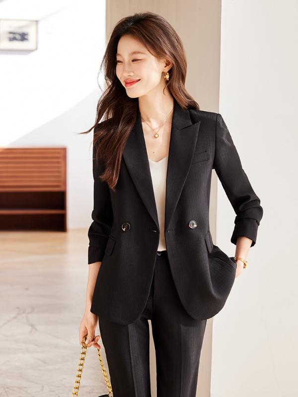 Suits For Job Interviews - スーツ レディース セットアップ 上下セット 事務服 オフィス ビジネス 高級感 テーラードジャケット スラックス 長袖 無地 ポリエステル 春秋 ブラック ブラウン 襟 体型カバー