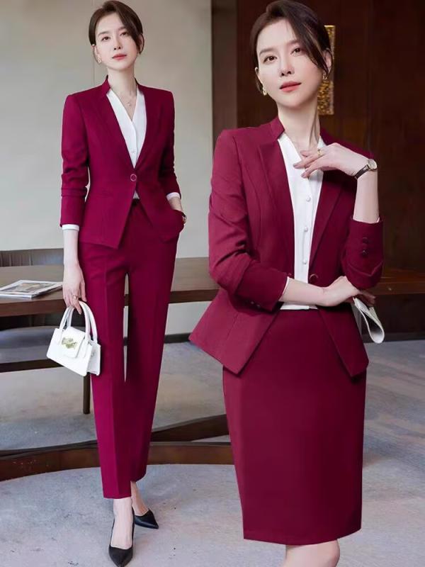 Suits For Job Interviews - セットアップ レディース 春秋 通勤 面接 ホテル テーラードジャケット パンツ スカート ビジネススーツ 事務服 制服 受付 長袖 高級感 ポリエステル ネイビー ブラック ダークレッド