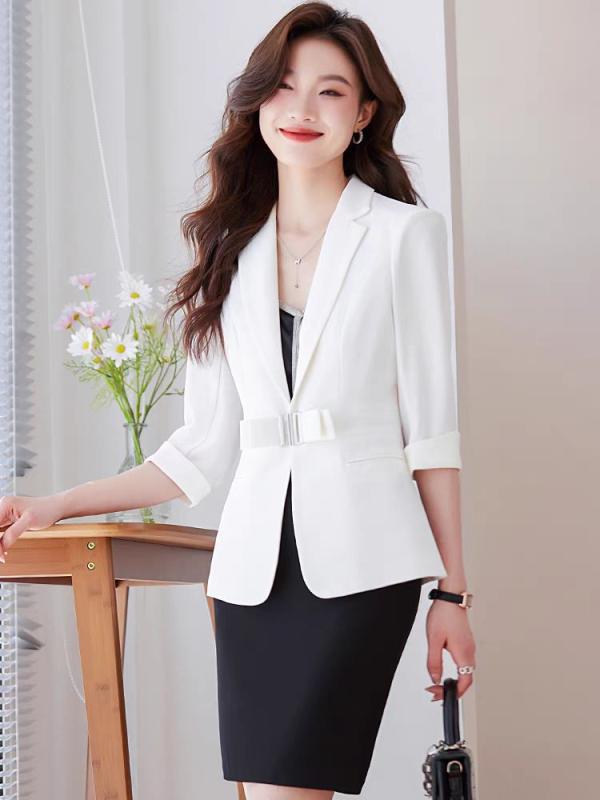 Pants Suit - ジャケット レディース セットアップ 七分袖 春夏 薄手 軽量 テーラード 事務服 接客 通勤 オフィス きれいめ フォーマル 上品 膝上 スカート タイトスカート ボルドー ブラック ホワイト 襟
