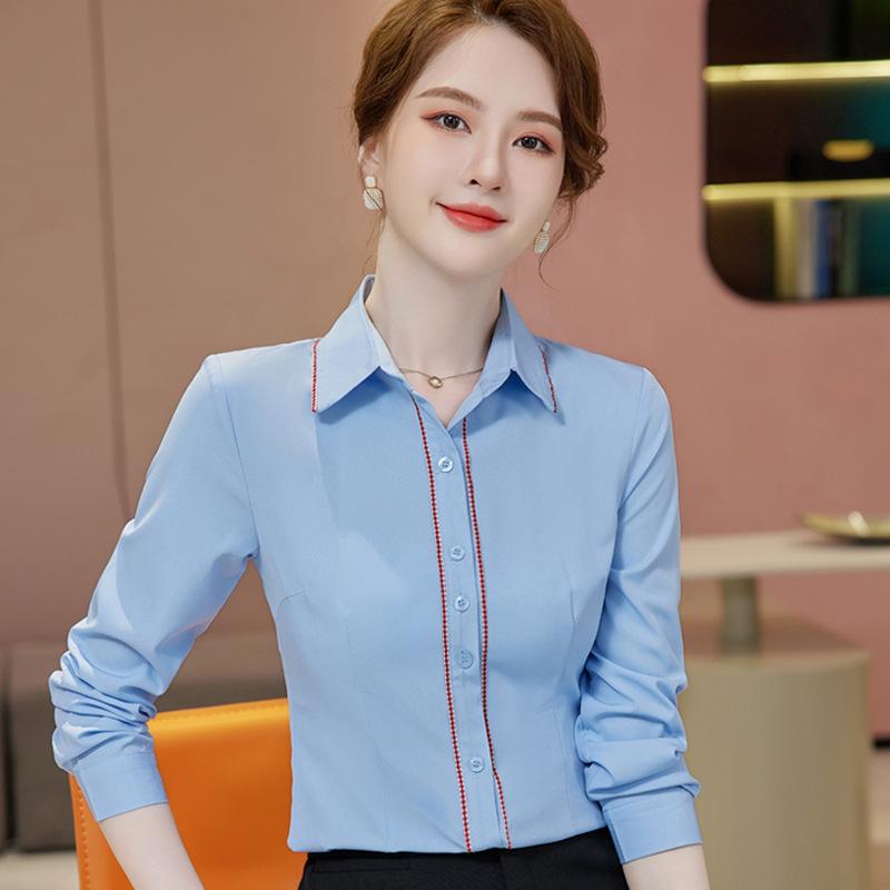 Suits For Job Interviews - ブラウス レディース シャツ 長袖 秋冬 襟 トップス 事務服 オフィス 通勤 普段使い 仕事着 きれいめ おしゃれ かわいい 上品 高級感 ポリエステル 無地 切り替え ステッチ 大きいサイズ スリム 40代 白 ブルー ボタン シンプル 前開き