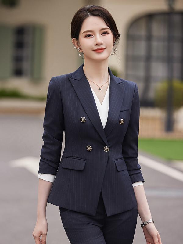 Pants Suit - セットアップ レディース スーツ ストライプ ズボン パンツ テーラードジャケット 長袖 事務服 ビジネス 通勤 オフィス フォーマル スリム 細見え 高級感 春夏 ブルー ブラック グレー ポリエステル ボタン