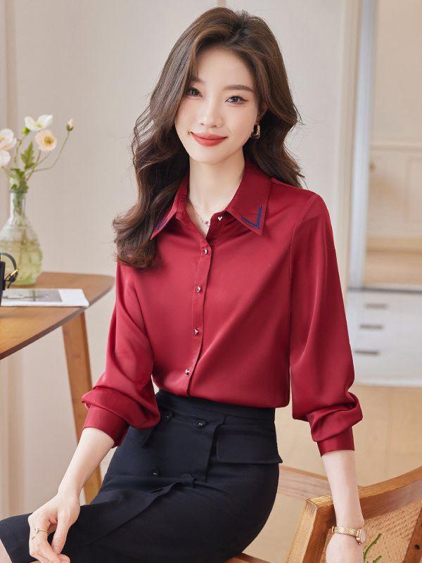 シャツ レディース ブラウス トップス セットアップ 上下セット 長袖 シフォン オフィス 通勤 事務服 ワインレッド ホワイト 無地 高級感 おしゃれ きれいめ 切り替え スクエアネック タイト スリムフィット ポリエステル 秋冬 配色