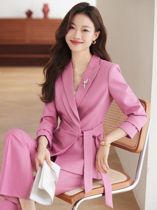テーラードジャケット レディース セットアップ 春夏 長袖 フォーマル オフィス 通勤 ビジネス スーツ エレガント 上品 高級感 ポリエステル フレアパンツ ブーツカット ロングパンツ ピンク パープル ブラック きれいめ