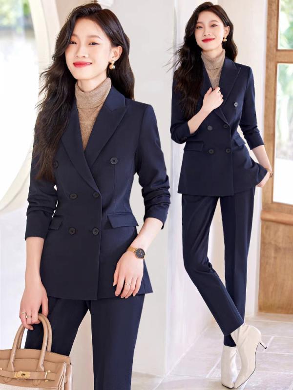 Pants Suit - セットアップ レディース スーツ ビジネス 面接 通勤 ジャケット ロングパンツ スカート クロップド フレア 形態安定 フォーマル オフィスウェア 高級感 エレガント 春夏 ポリエステル ネイビー ブラック グレー